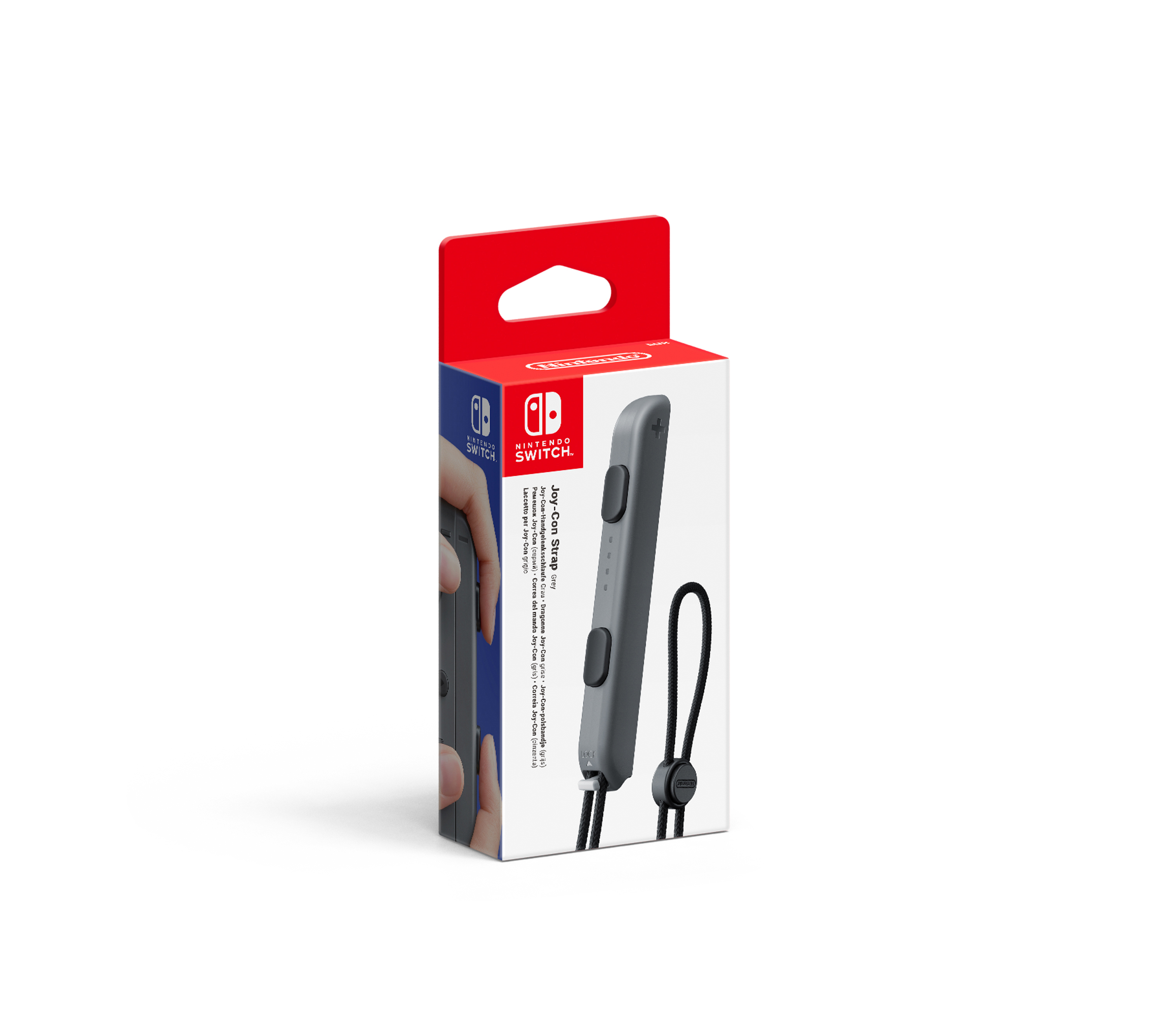 Scatola delle cinghie Joy-Con di Nintendo Switch su bianco. Scatola rossa e bianca, cinghie grigie visibili. Sfondo: bianco.