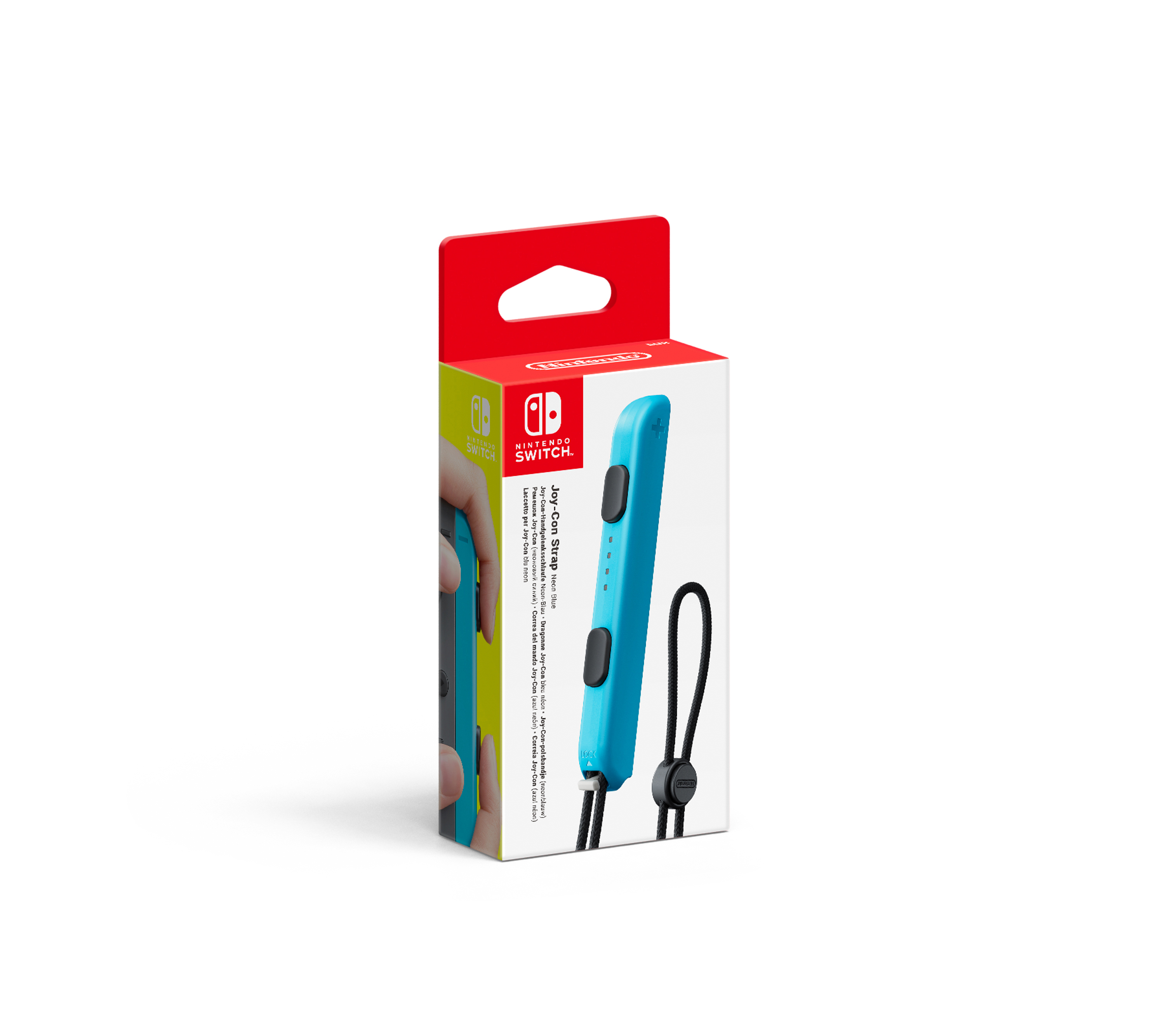 Une boîte pour une sangle Joy-Con de Nintendo Switch. La boîte est rouge et bleue, avec un fond blanc.