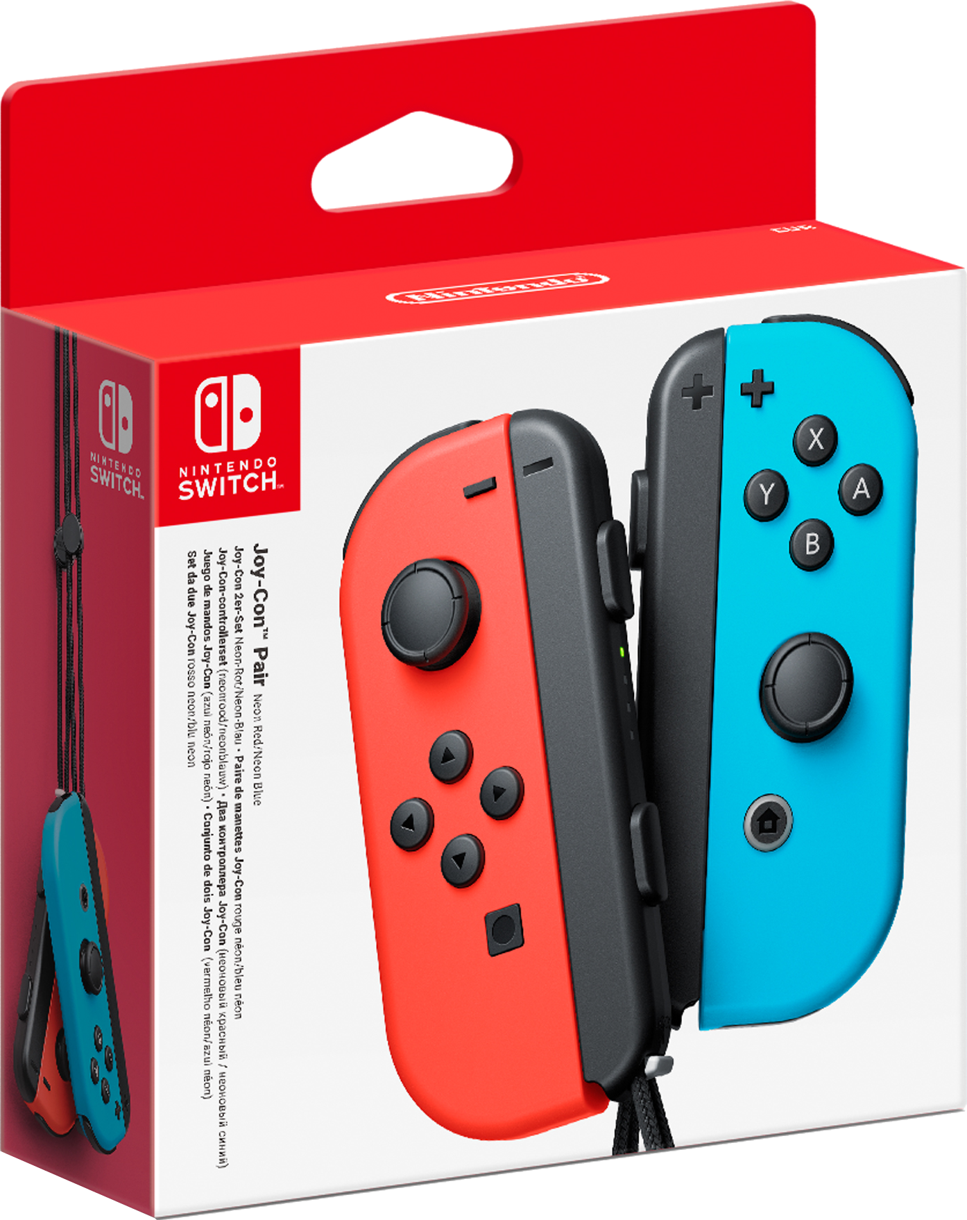 Nintendo Switch Joy-Con Box. Rote und blaue Controller in einer rot-weißen Box.