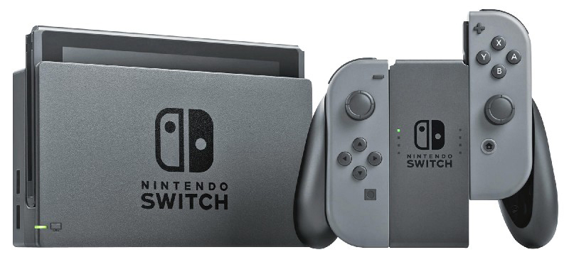 Nintendo Switch Konsole mit grauen Joy-Con-Controllern und einem grauen Dock, isoliert auf Weiß.