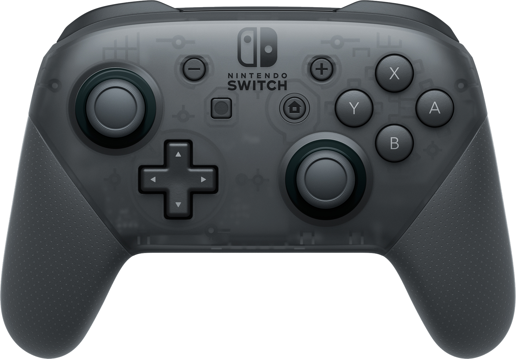 Nintendo Switch Pro Controller. Donkergrijze controller met knoppen en kruisje zichtbaar op zwarte achtergrond.