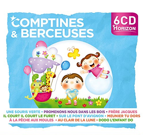 CD-hoes. Tekenfilmkinderen met ballonnen, bloemen en de titel 'Comptines & Berceuses'.