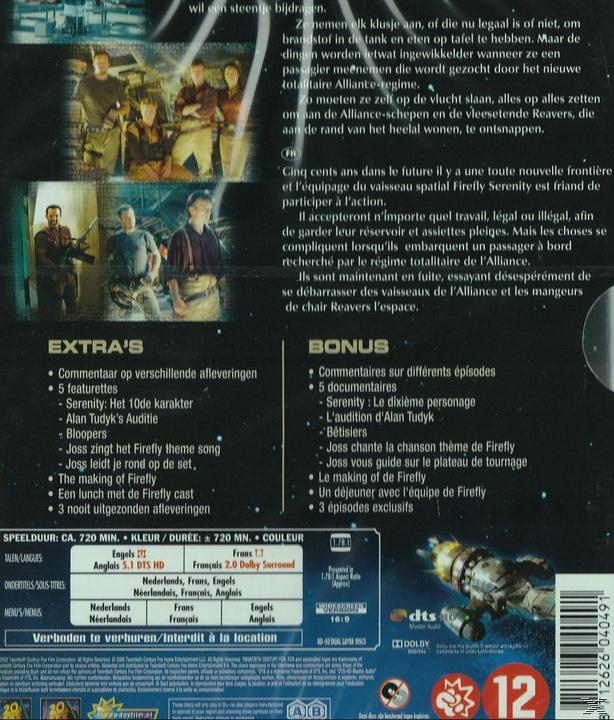 Achterkant van een Firefly DVD. Tekst in meerdere talen en afbeeldingen van de show.