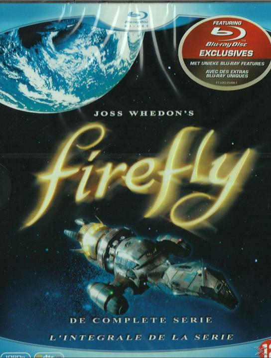 Firefly Blu-ray-hoes. Toont een ruimteschip in de ruimte, met tekst en een planeet.