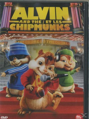 Couverture DVD pour 'Alvin et les Chipmunks', avec trois écureuils sur une scène devant un tapis rouge.
