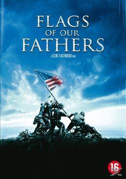 Filmposter van Flags of Our Fathers. Soldaten hijsen de Amerikaanse vlag op Iwo Jima.