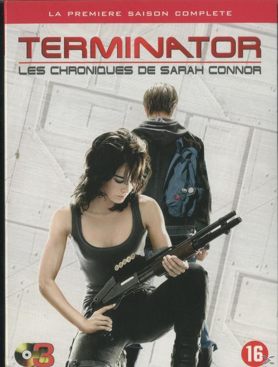 Terminator DVD-hoes. Vrouw met geweer, man op de achtergrond. Grijs en wit ontwerp.