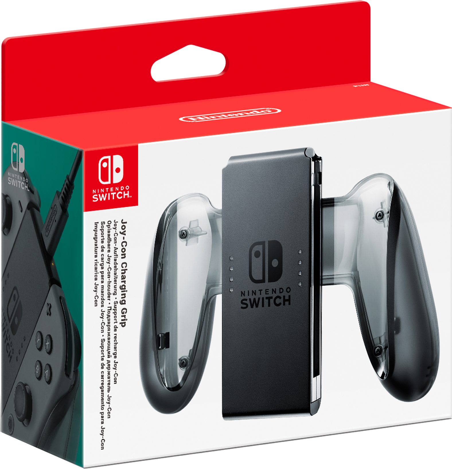Eine Nintendo Switch Joy-Con Charging Grip Box mit einem schwarzen Griff und einem Nintendo Switch Logo.