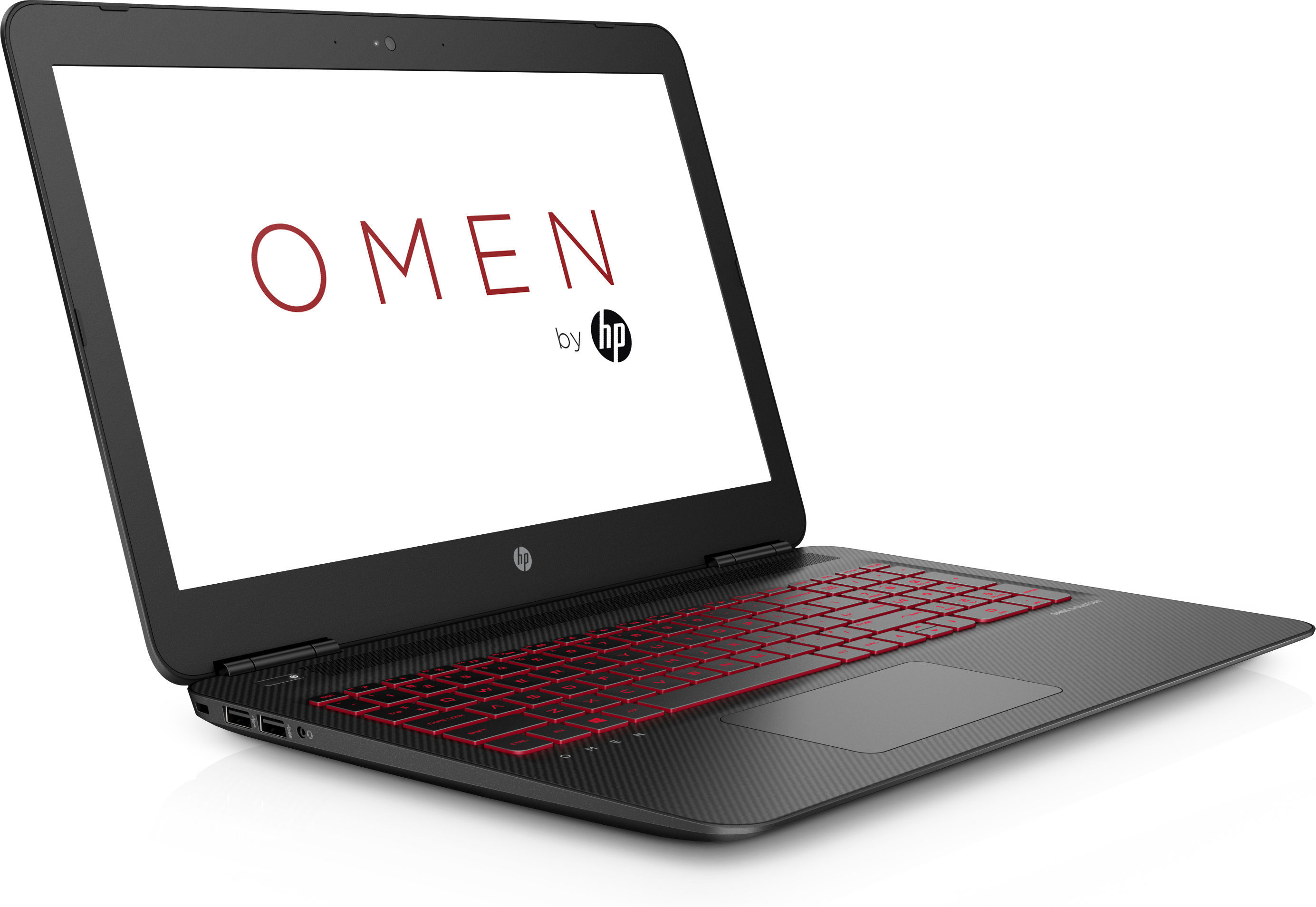 Schwarzer Laptop mit rot beleuchteter Tastatur, OMEN-Logo.