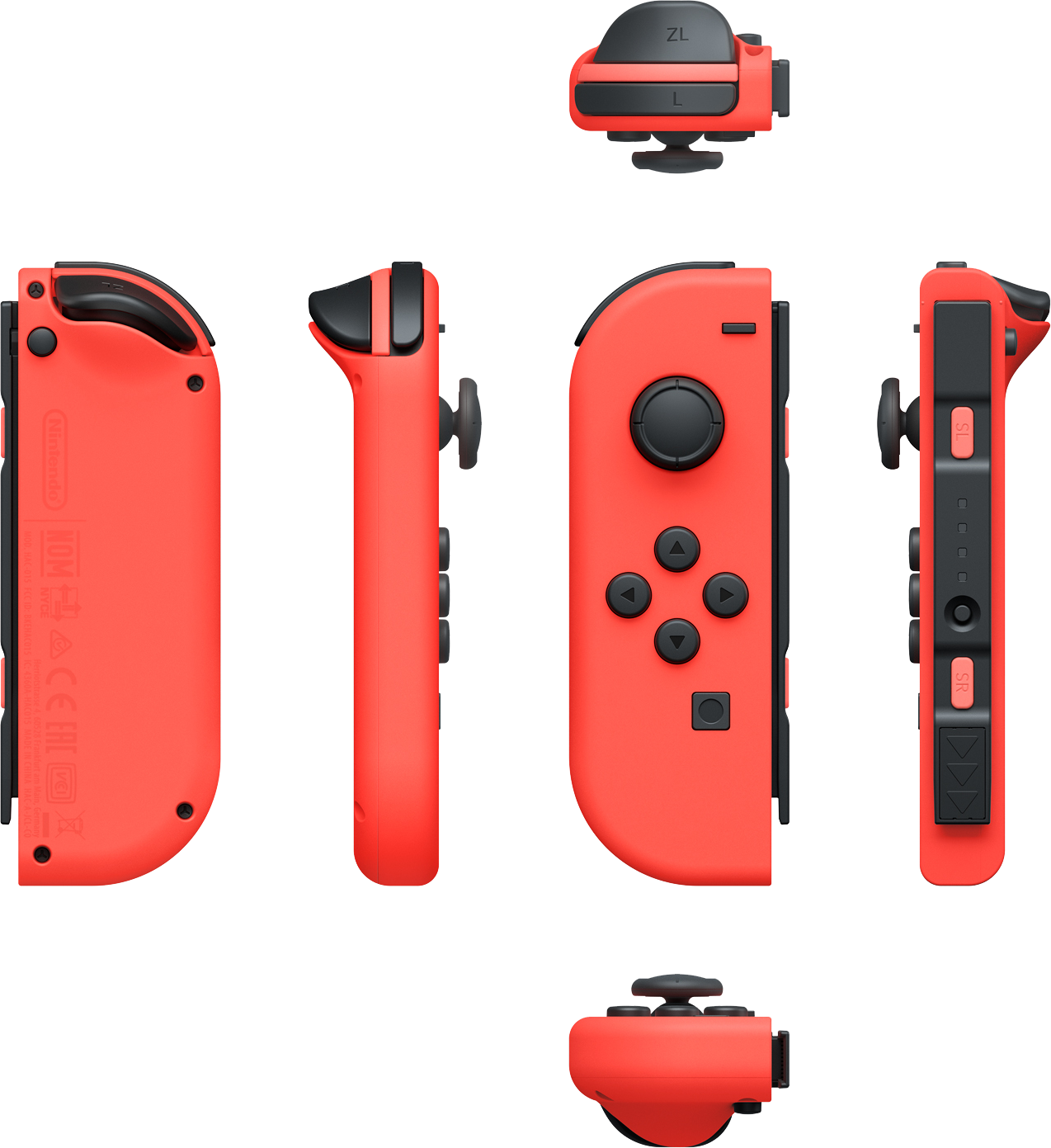 Rode Nintendo Switch Joy-Con controllers, meerdere weergaven.