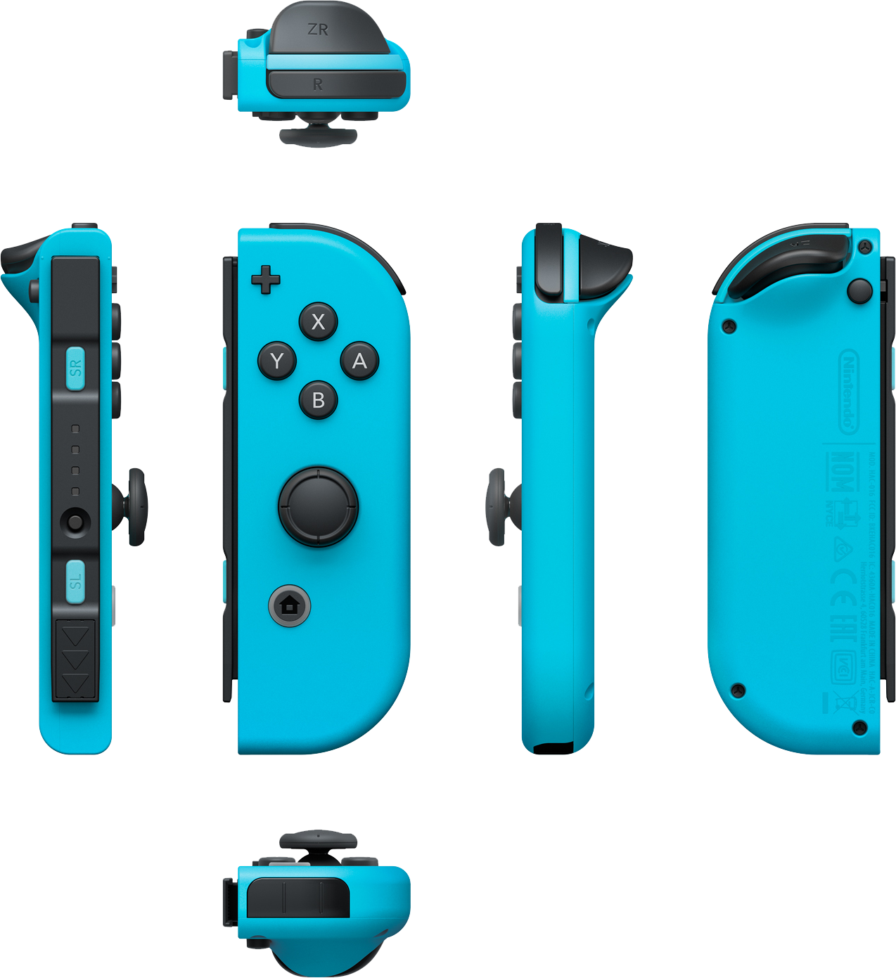 Blauwe Nintendo Switch Joy-Con controller. Meerdere weergaven tonen knoppen en design.