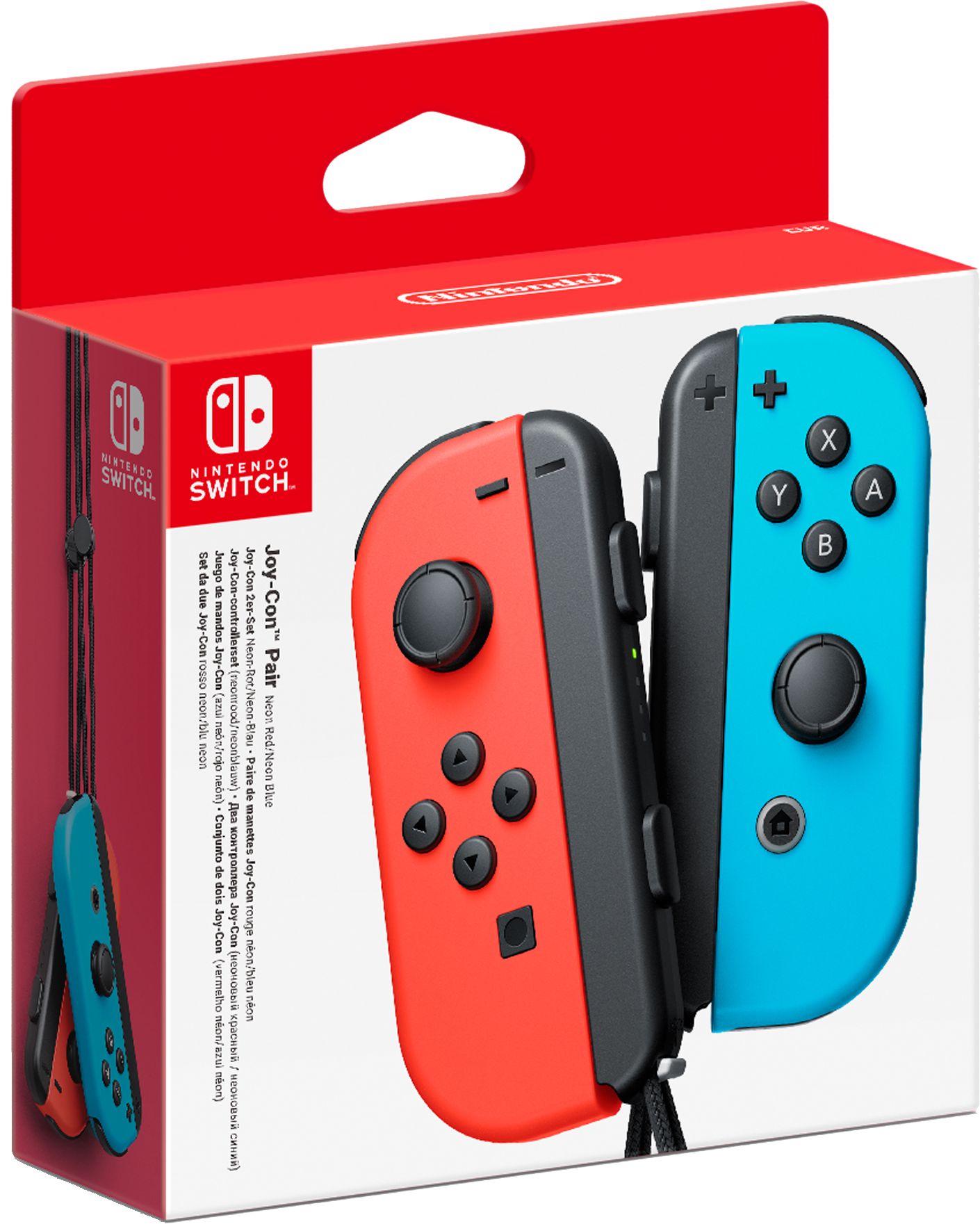 Nintendo Switch Joy-Con Pair doos. Rode en blauwe Joy-Cons zichtbaar.