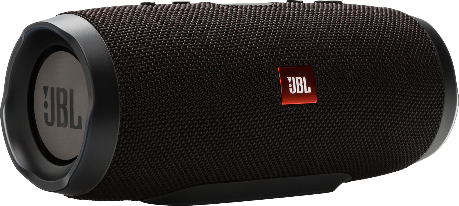 Fekete JBL hangszóró piros logóval fekete háttéren.