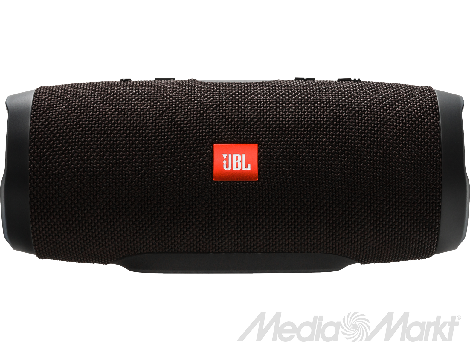Fekete JBL hangszóró piros JBL logóval, fekete háttér előtt. A MediaMarkt logója alul.