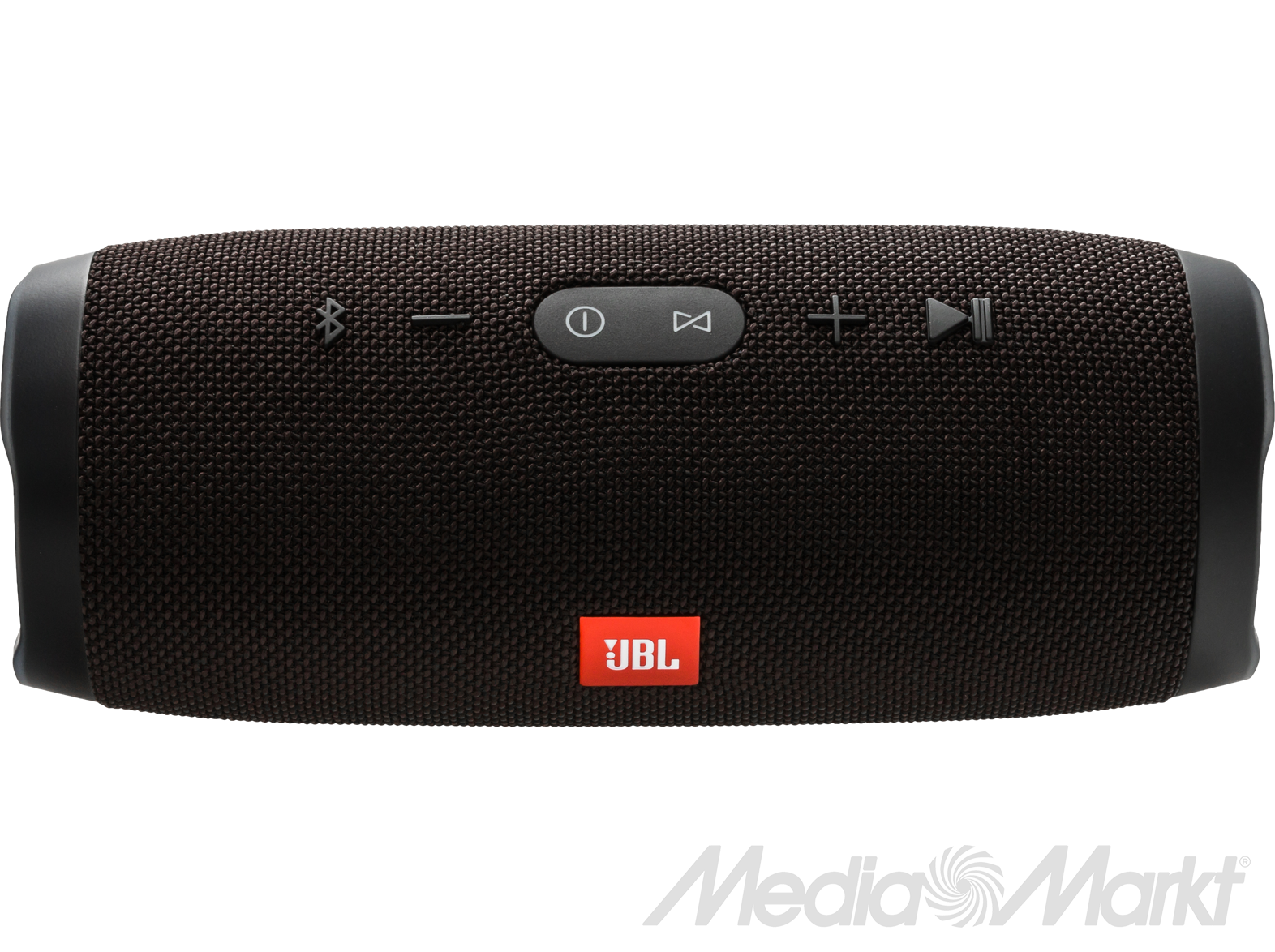 Fekete JBL hangszóró gombokkal és piros logóval.