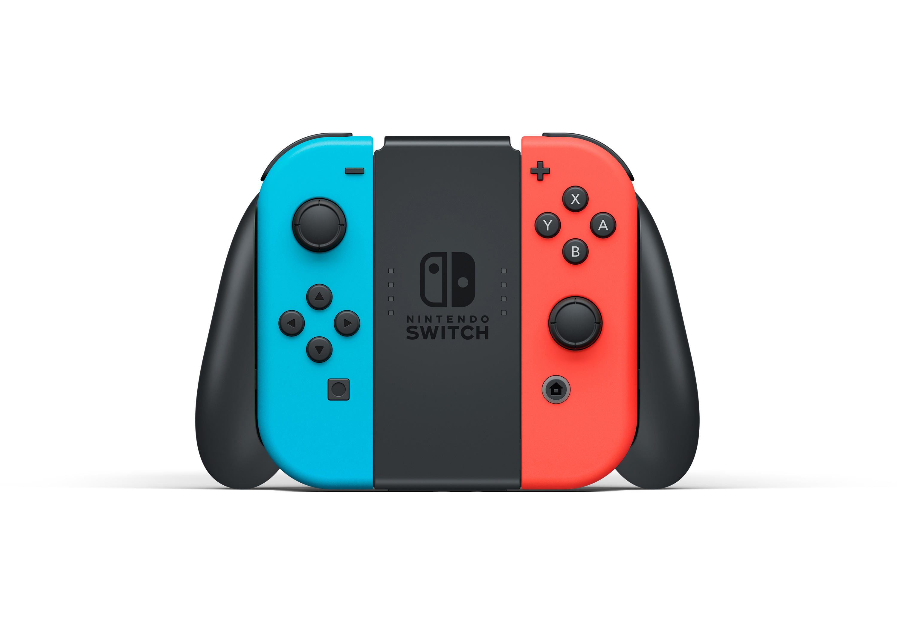 Deux manettes Joy-Con Nintendo Switch : bleu à gauche, rouge à droite. Centre noir.