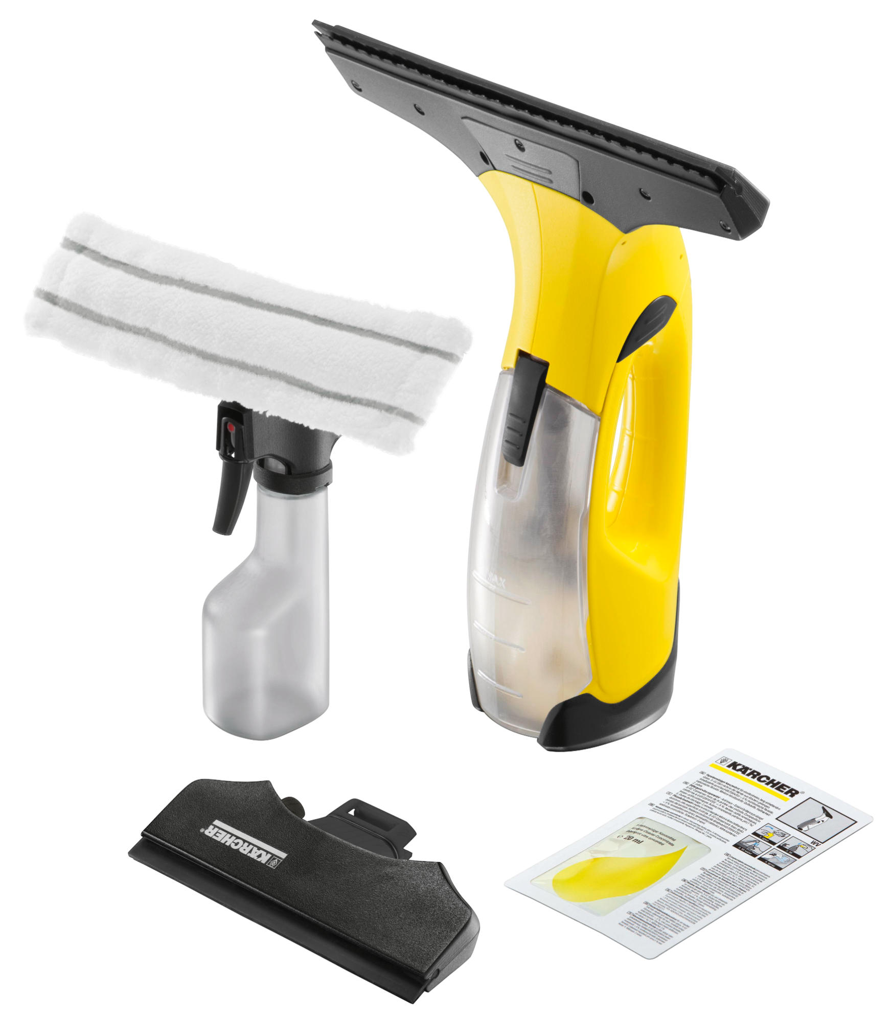Een gele Karcher-ruitenreiniger met sproeier en zwarte trekker. Er is ook een reinigingspad en een handleiding.