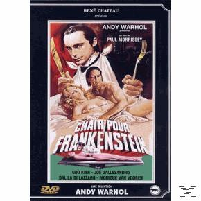 Filmposter: Chair Pour Frankenstein. Acteurs met wapens en naakte vrouw. Zwarte lijst met tekst. Groene balk met namen onderaan.