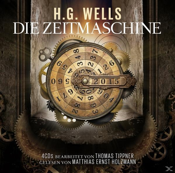 Buchcover mit dem Titel 'Die Zeitmaschine' von H.G. Wells, Zahnrädern und einer Uhr.