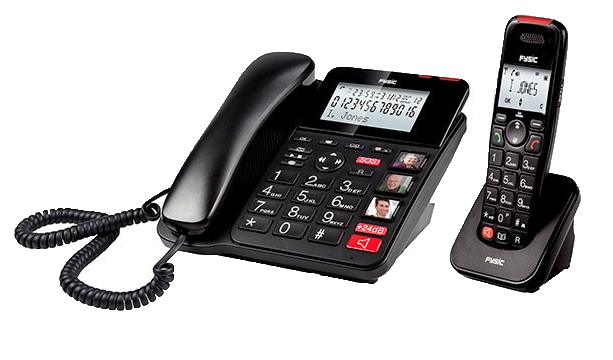 Black telephone with a display and a cordless handset on white background.