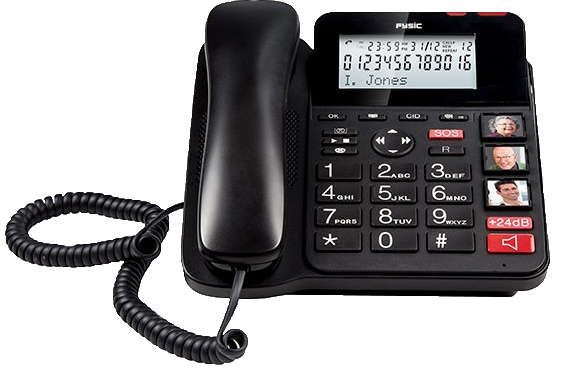 Black landline phone. Large buttons with photos. Digital display showing time, date, and a name.
