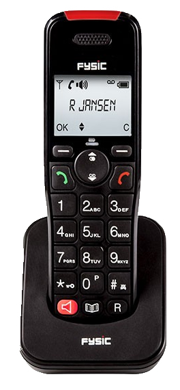 A black cordless phone on a black base, with a screen displaying text.