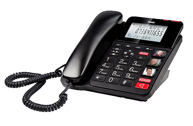 Black telephone with large buttons and a screen displaying a phone number.