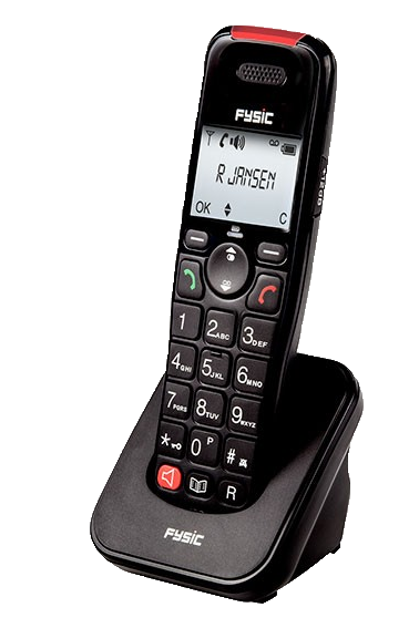 A black and red cordless phone with the name 'R Jansen' displayed on the screen.