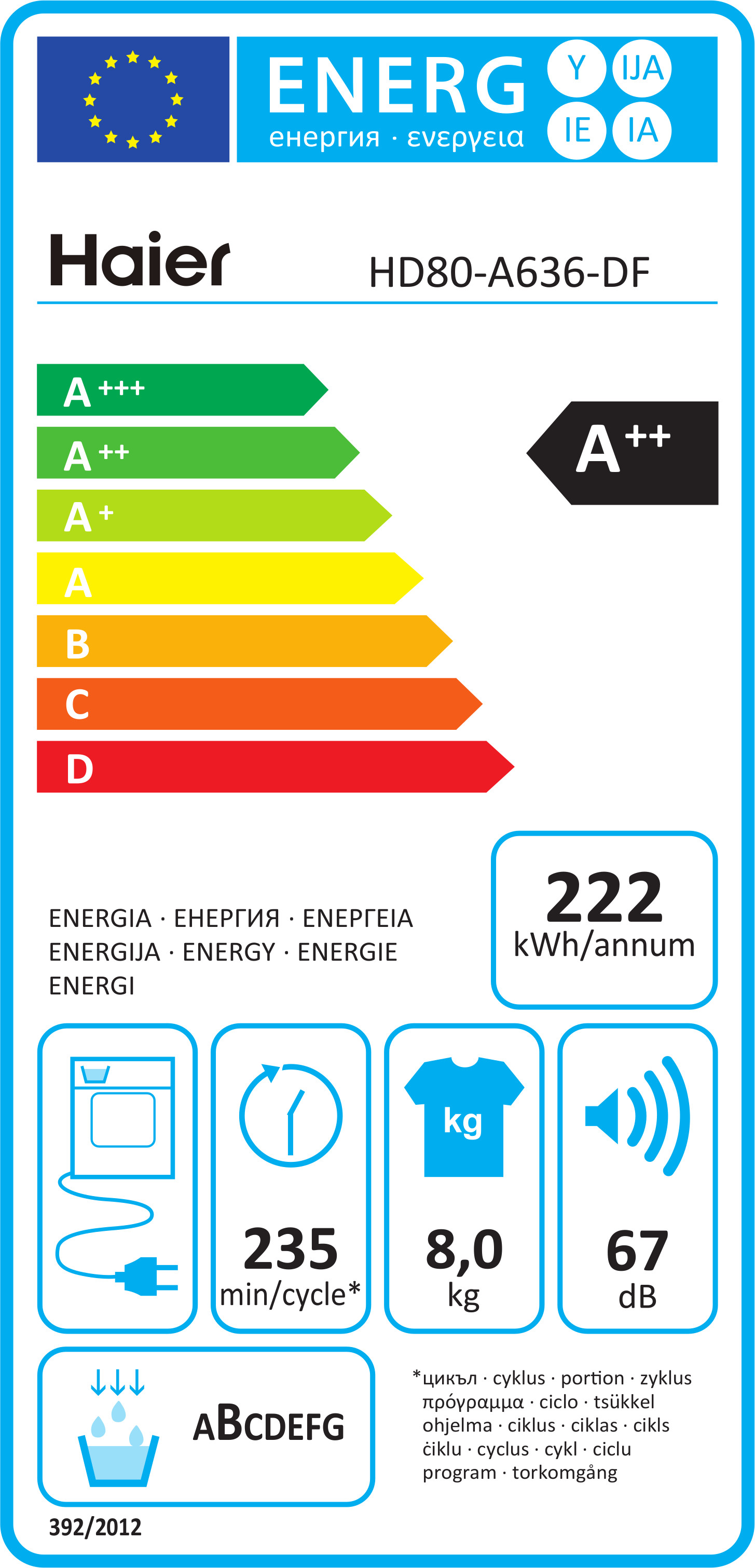 HAIER Warmtepomp droogkast A++ (HD80-A636-DF)