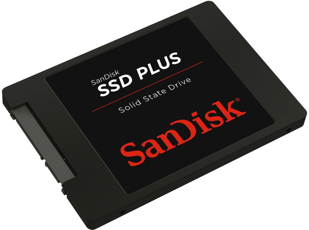 Black SanDisk SSD PLUS drive with red text on a black label. The drive is on a white background.