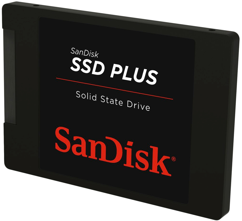 Black Sandisk SSD Plus solid state drive with red and white branding.