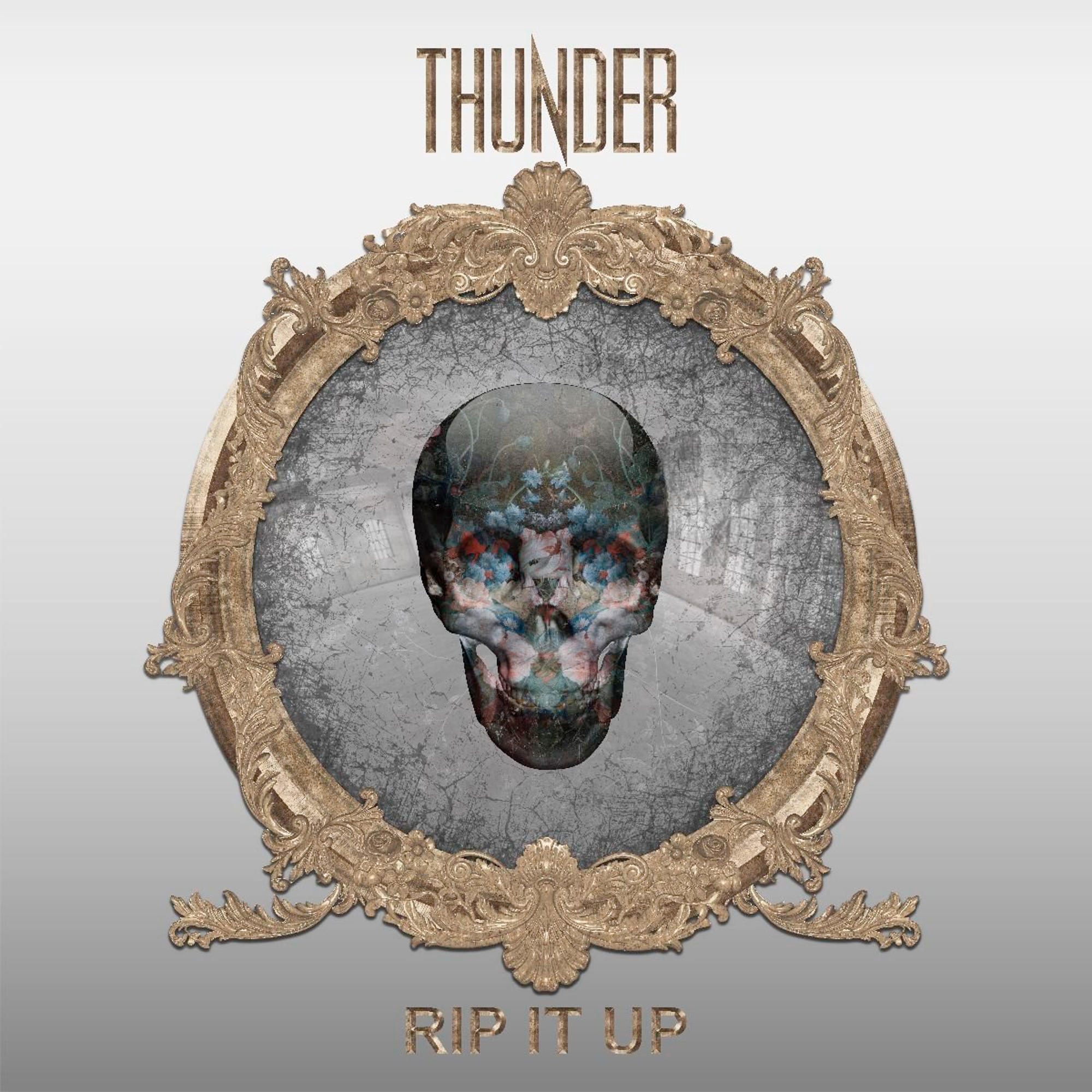 Albumcover von Thunder 'Rip It Up', mit einem Totenkopf in einem dekorativen Rahmen.