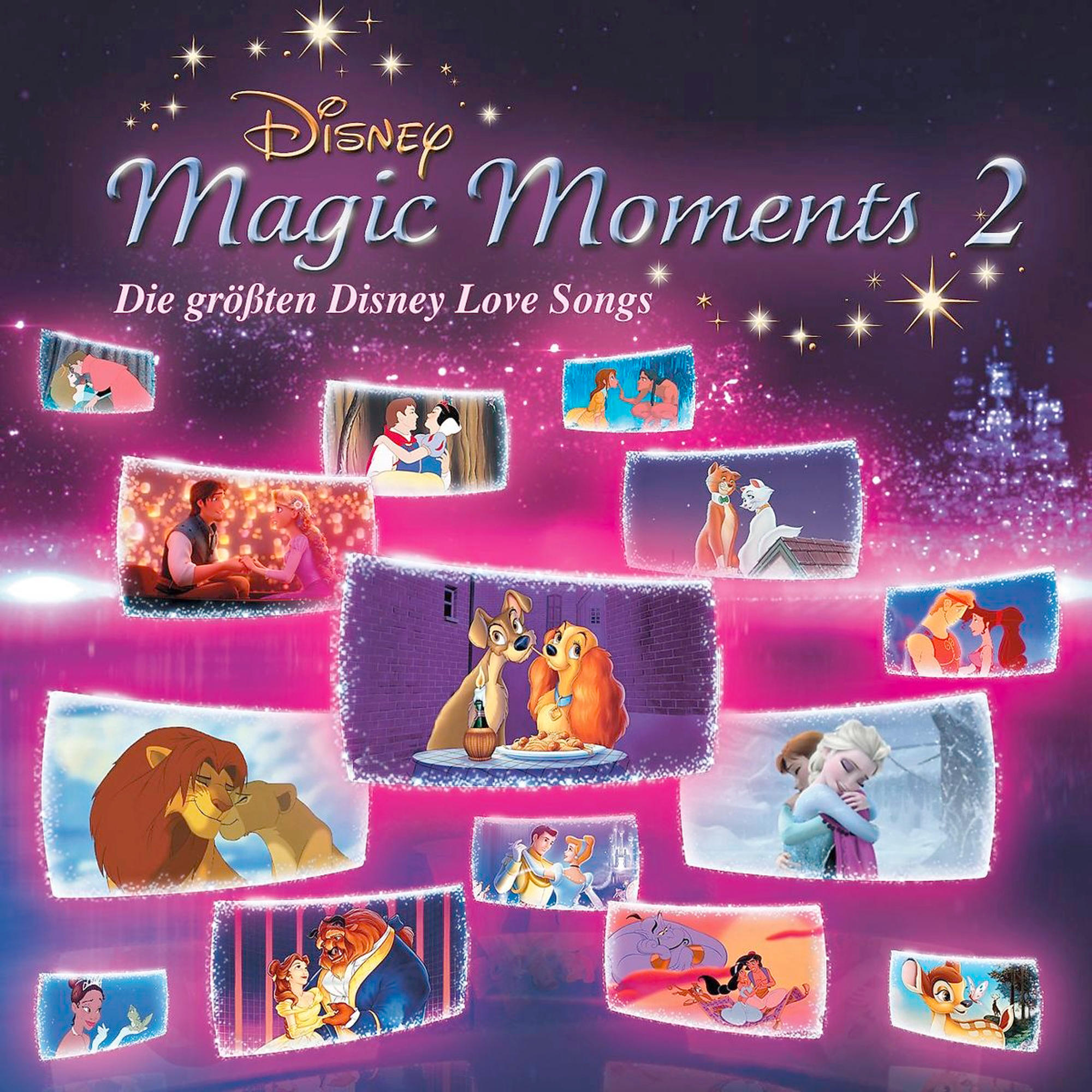 Disney Magic Moments 2 Cover mit Filmszenen von Liebesgeschichten. Mehrere Charaktere und Paare sind zu sehen.