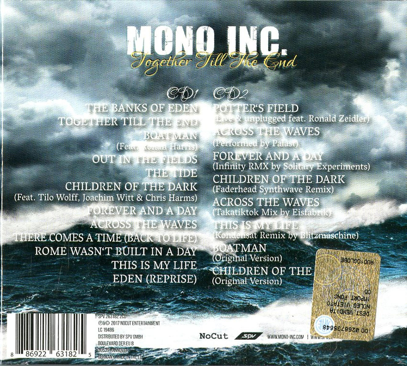 CD-Rückseite. Titelliste 'Mono Inc. Together Till The End'. Wellen Hintergrund, weißer Text.