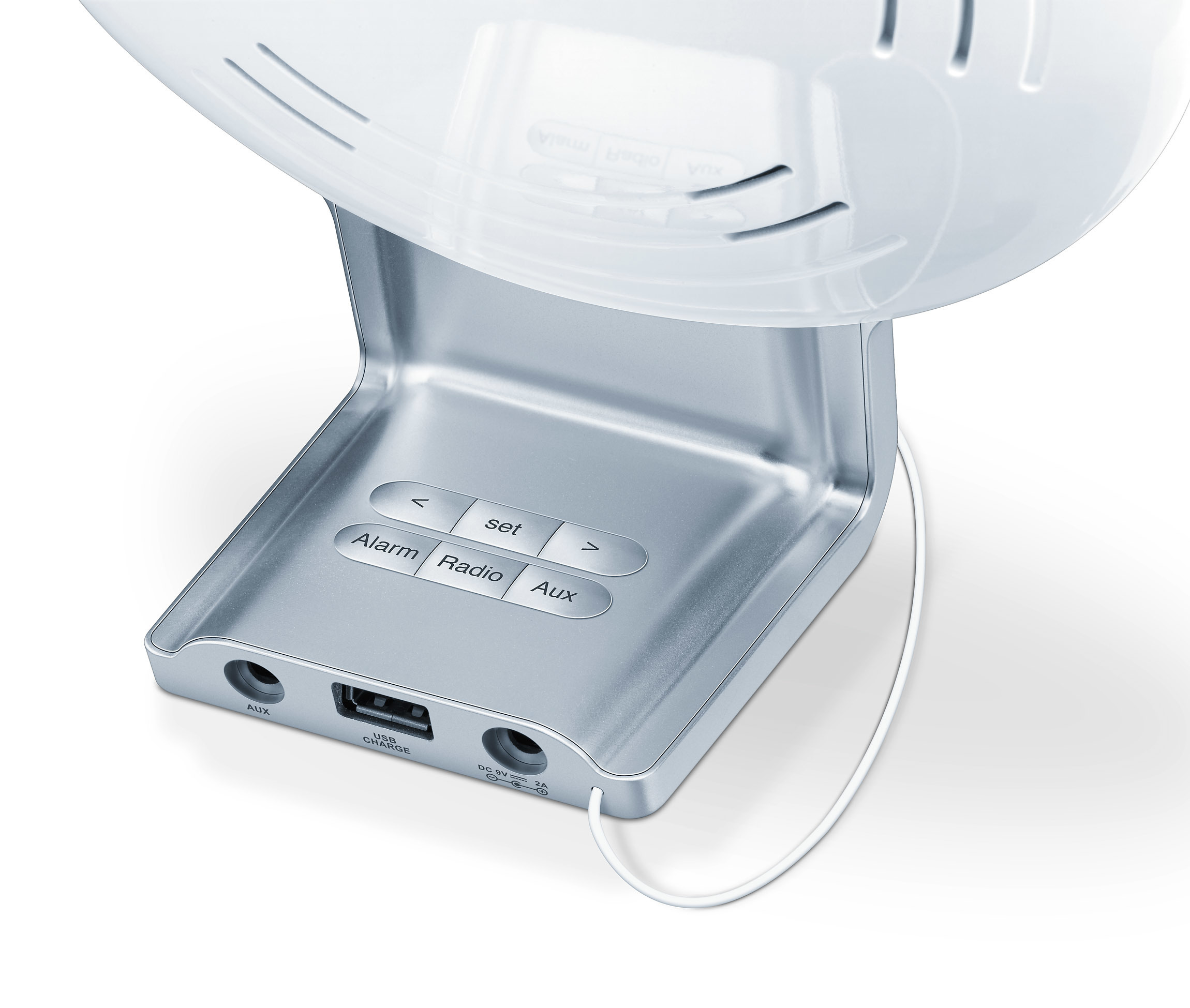 Weiße Lichttherapielampe. Basis mit Tasten, USB-Anschluss und Aux-Eingang.