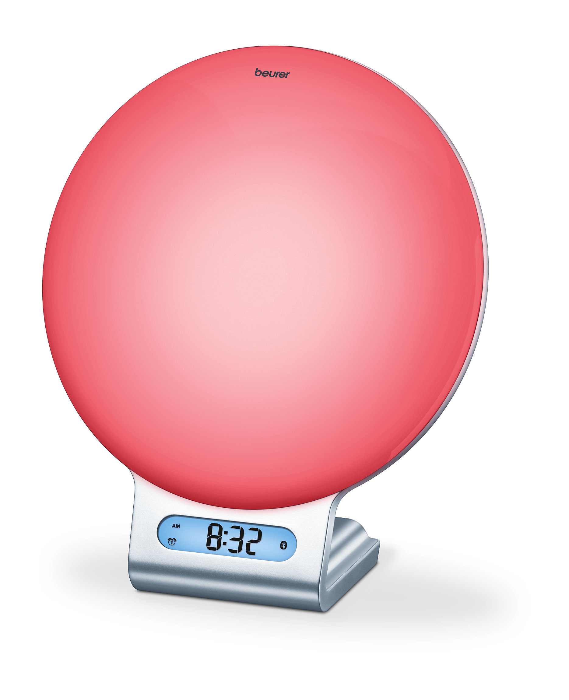 Weiße und silberne Beurer Sonnenaufgangslampe mit rosa kreisförmigem Licht und Digitalanzeige.