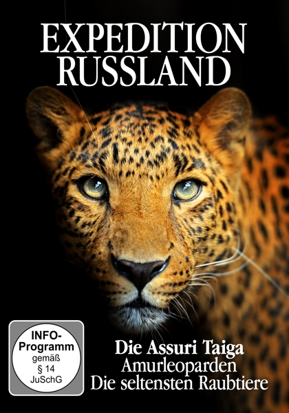 Expedition Russland DVD-Cover. Es zeigt das Gesicht eines Leoparden. Text enthält Titel und Beschreibung.