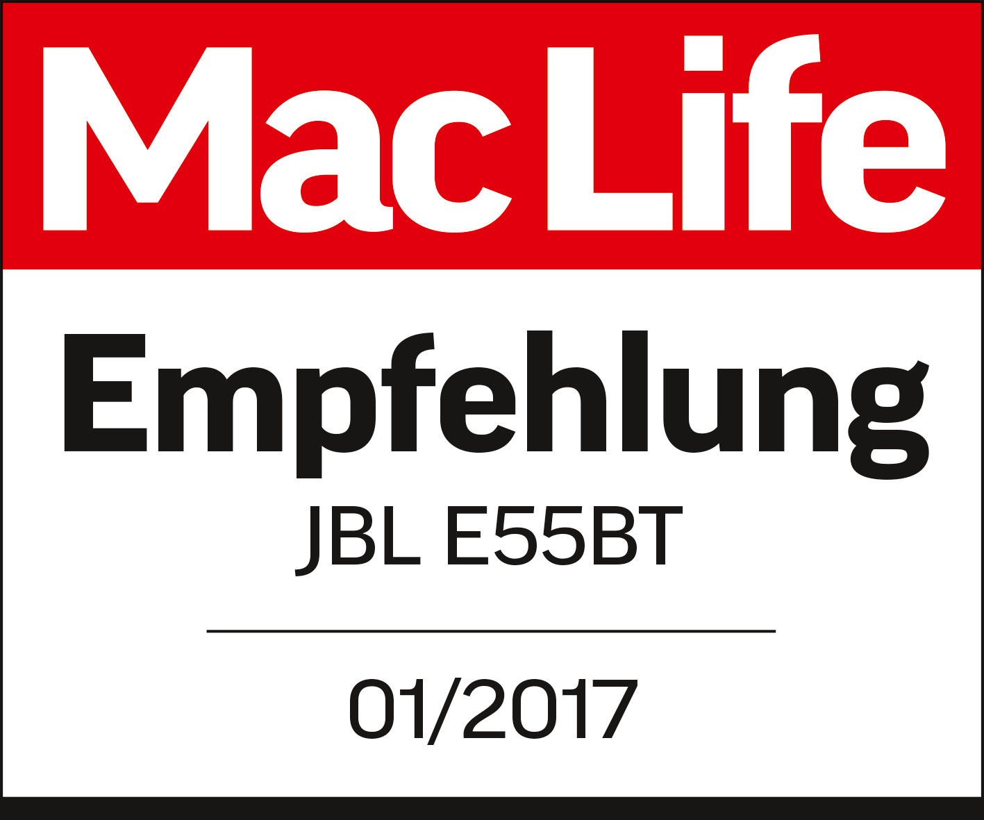 Weiß-roter MacLife-Ausschnitt mit dem Text 'Empfehlung' und JBL E55BT-Details, datiert 01/2017.