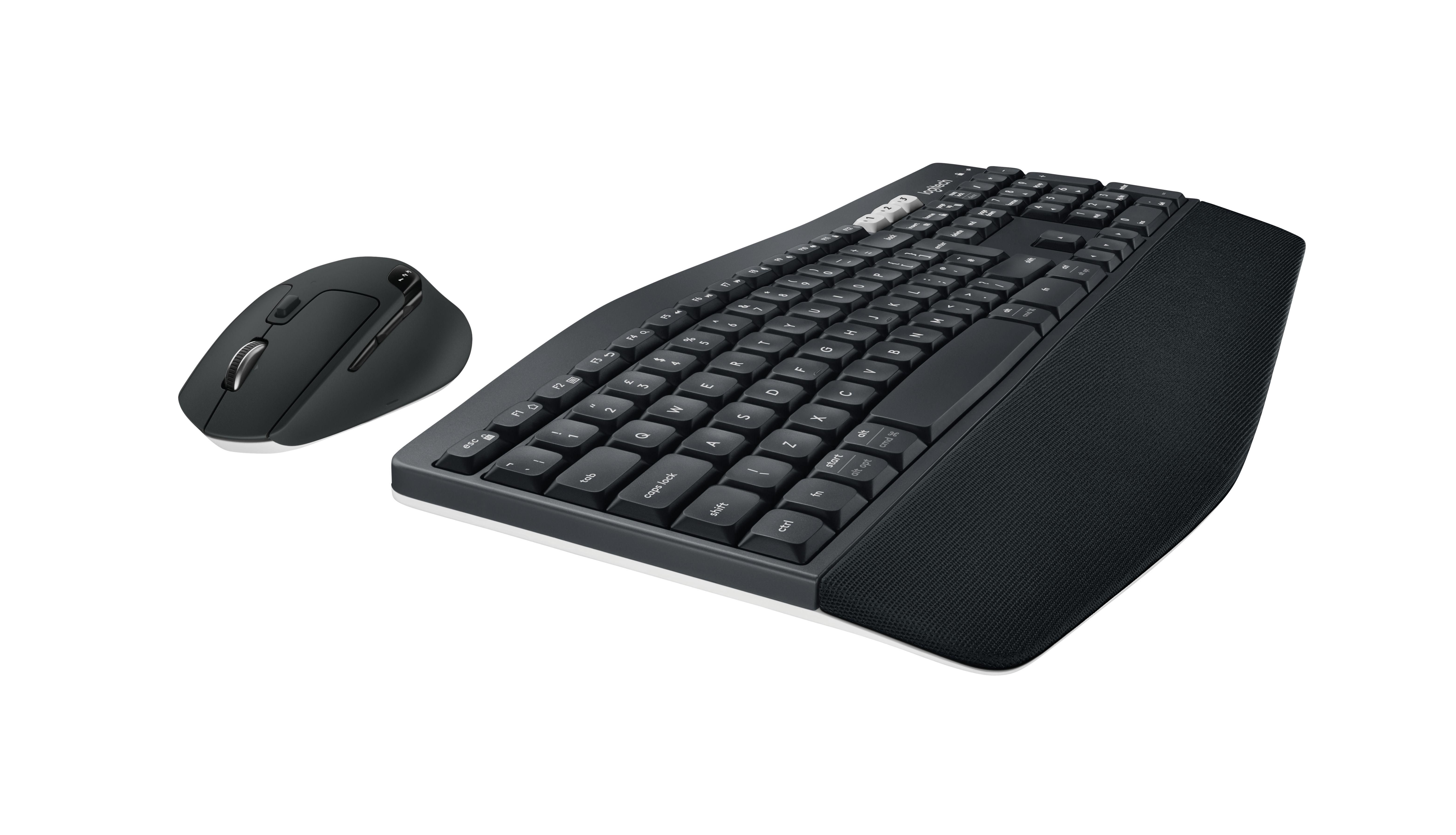 Ein schwarzes, drahtloses Tastatur- und Maus-Set auf weißem Hintergrund.