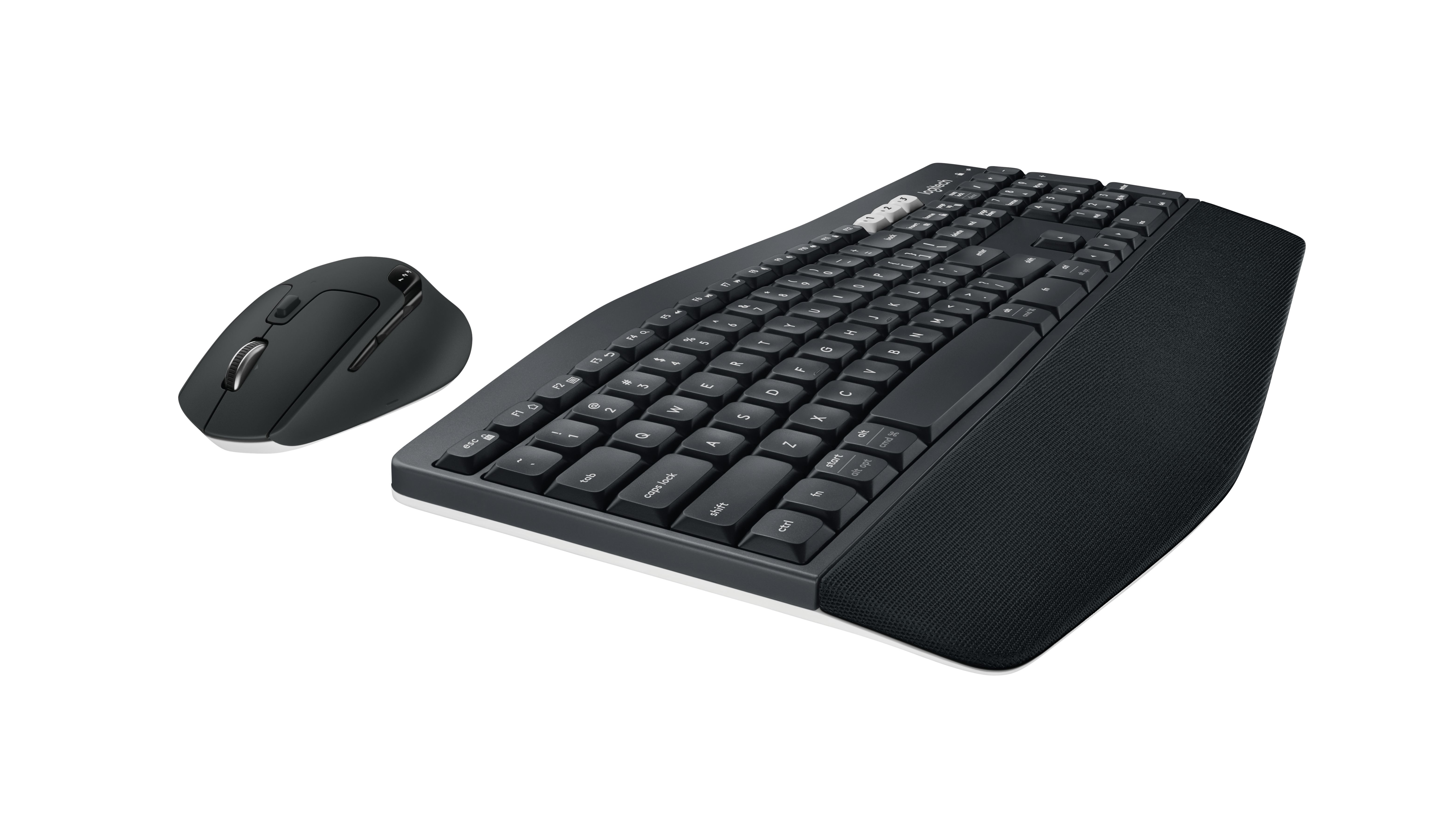 Schwarzes Tastatur- und Maus-Set. Die Tastatur hat eine Handballenauflage. Weißer Hintergrund.