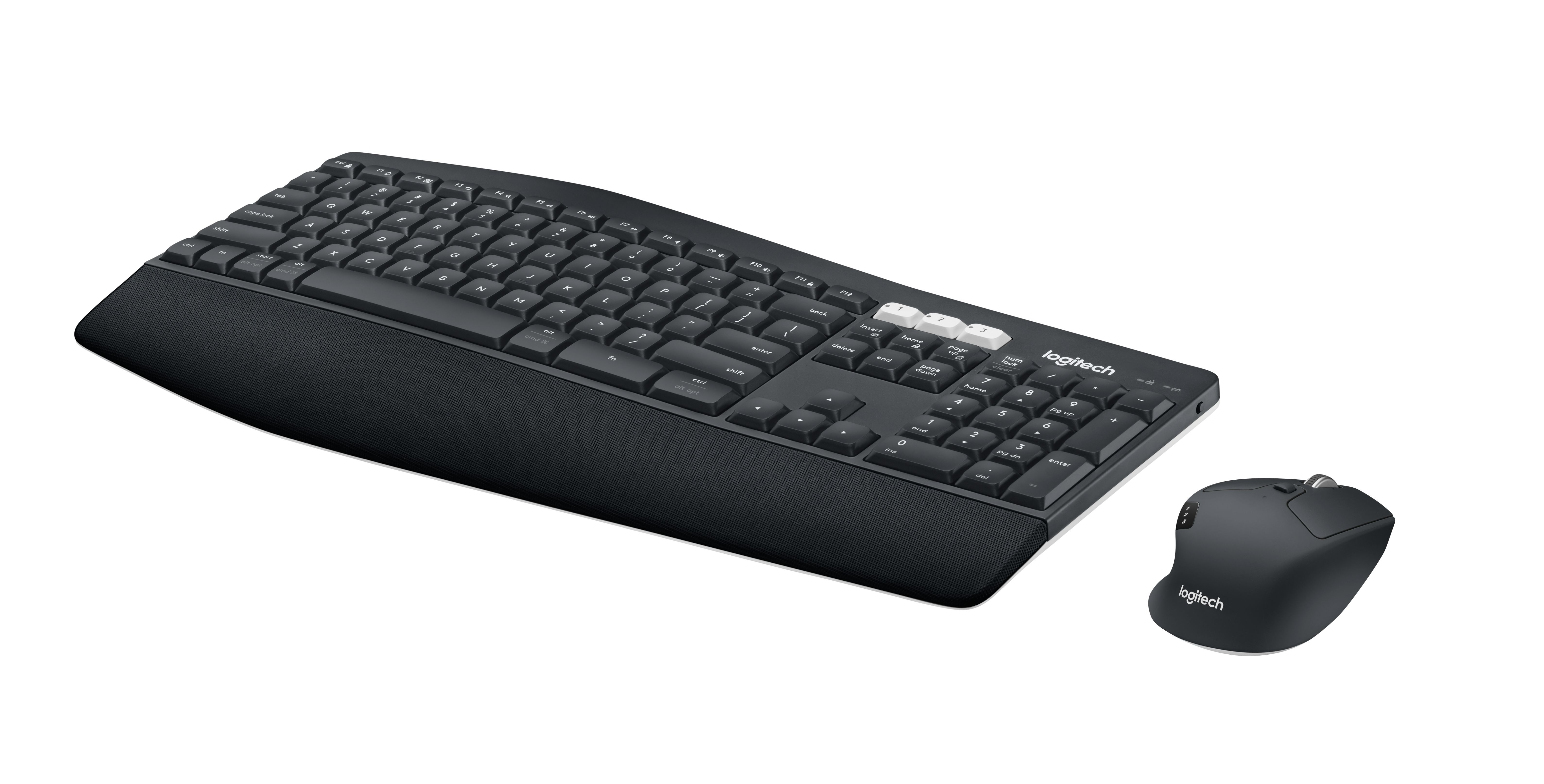 Schwarzes Tastatur- und Maus-Set. Die Tastatur hat eine Handballenauflage. Marke Logitech.