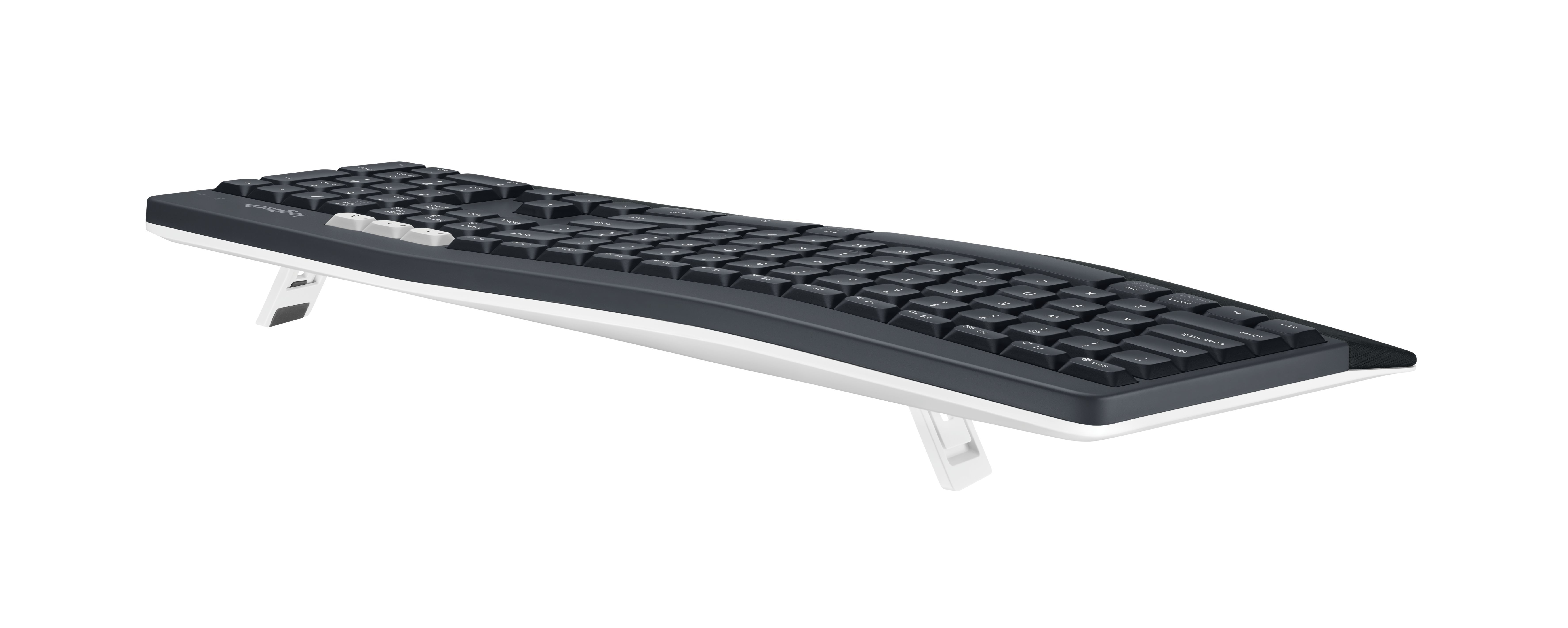 Eine schwarze ergonomische Tastatur mit weißen Stützbeinen.