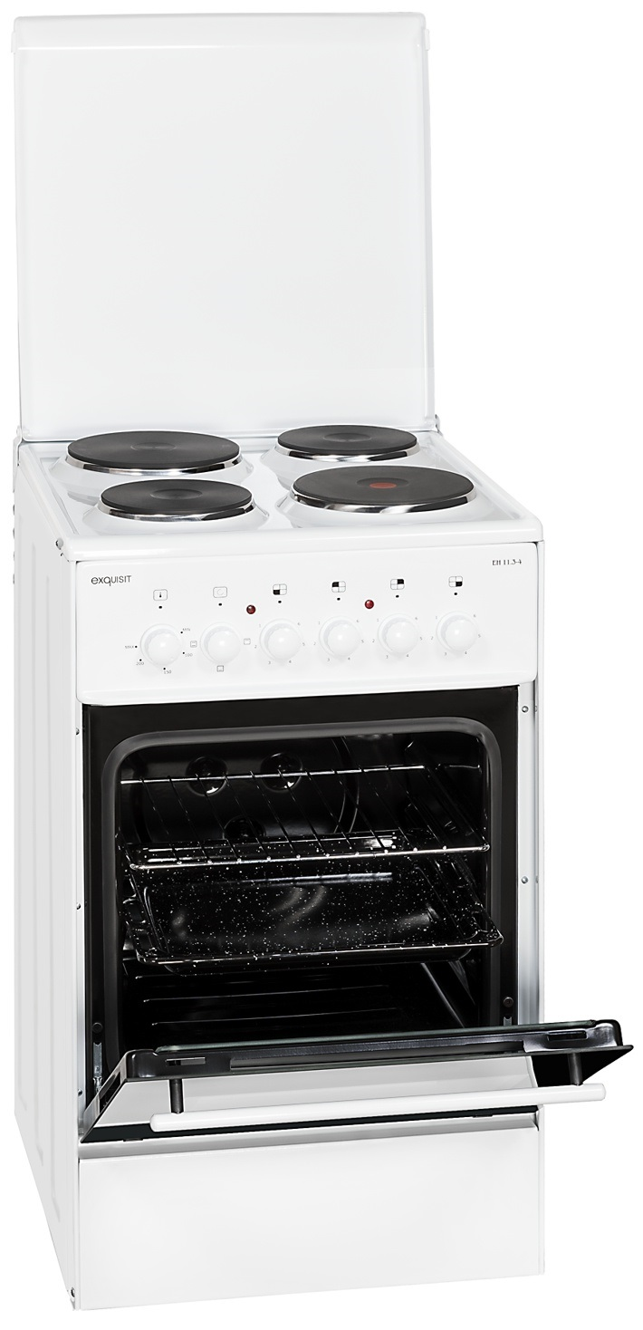 Weißer Indesit Elektroherd mit vier Kochfeldern und offenem Backofen.