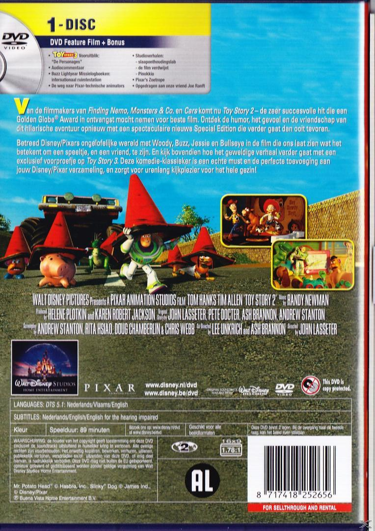 Dos d'un DVD de Toy Story 2 avec texte et images. Des personnages comme Buzz l'Éclair et Woody sont présentés.