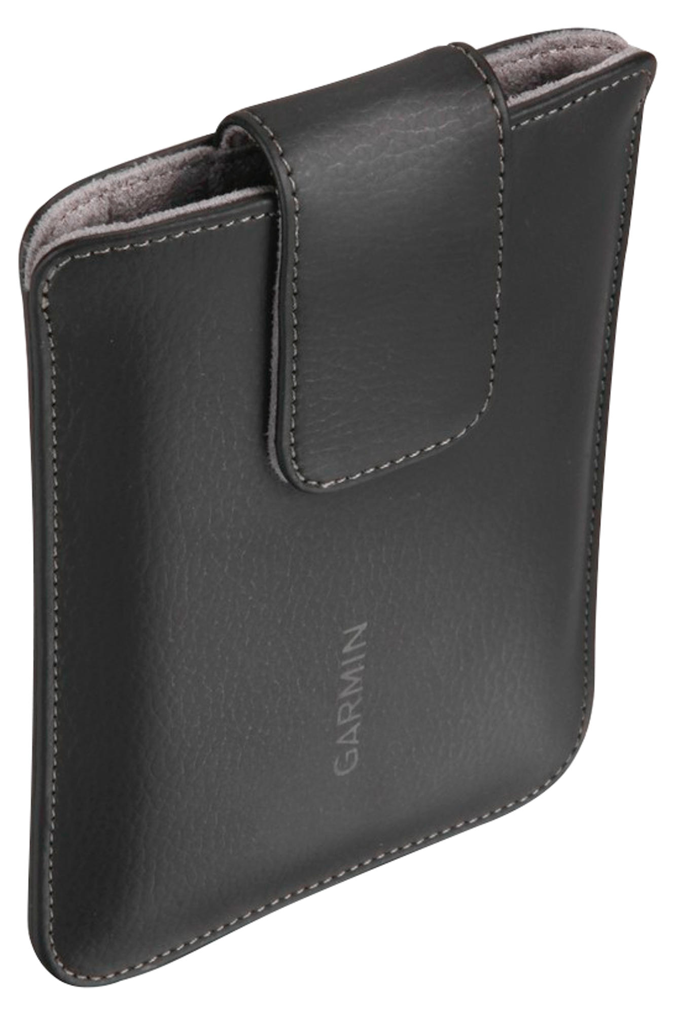 Czarny skórzany pokrowiec na telefon z klapką i napisem Garmin.