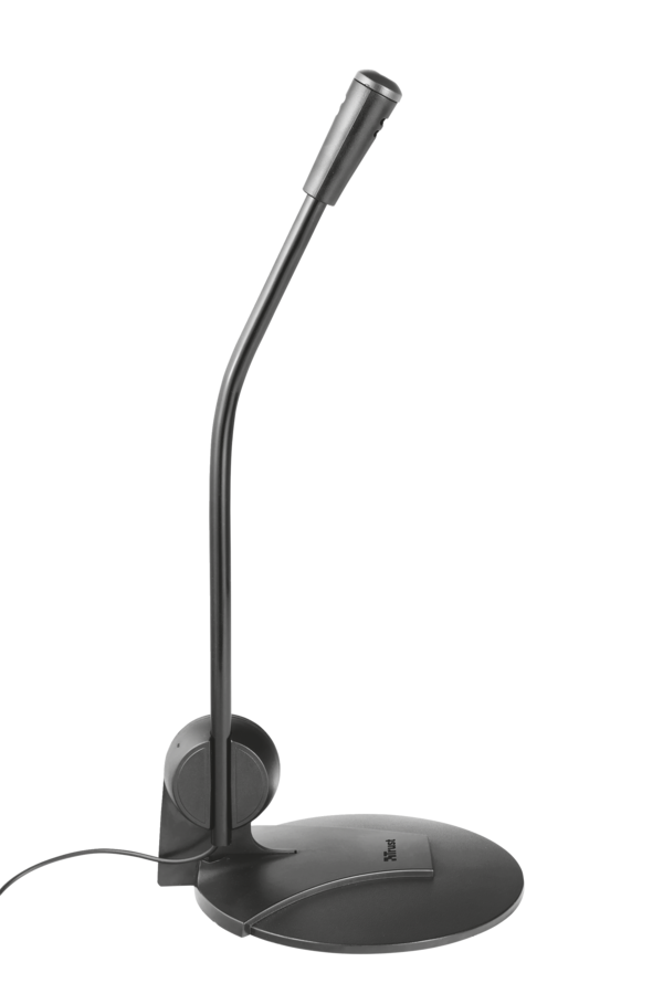 A black microphone with a flexible neck stands on a round black base. A black background.