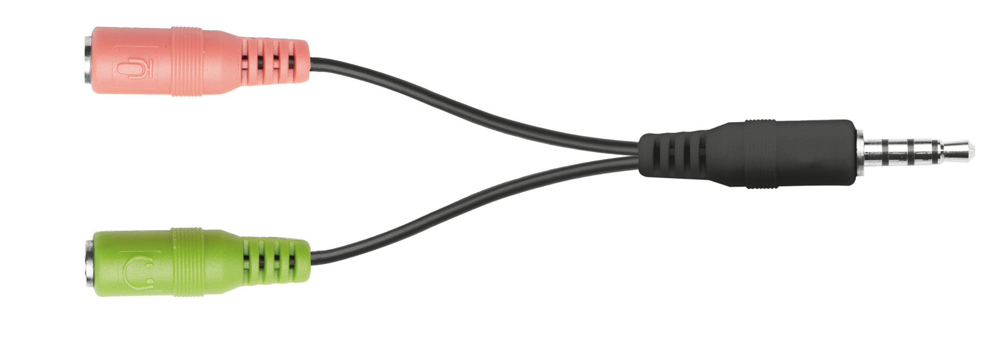 Audio cable with pink and green connectors, and a black connector on black background.