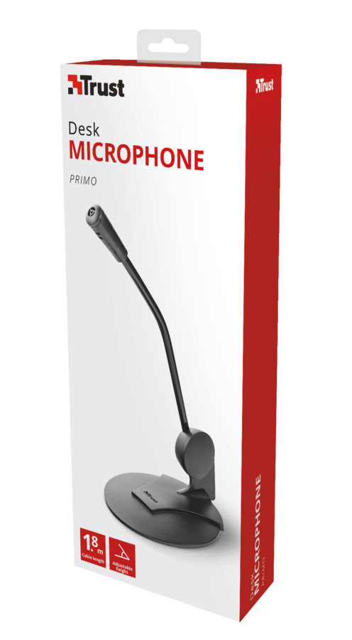 White box of desk microphone. Text: Trust, Desk MICROPHONE, PRIMO, with microphone.