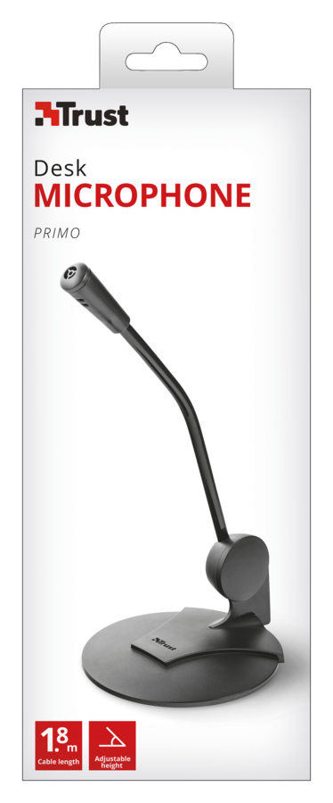Boxed desk microphone. Black and silver. Brand: Trust. Features an adjustable gooseneck.