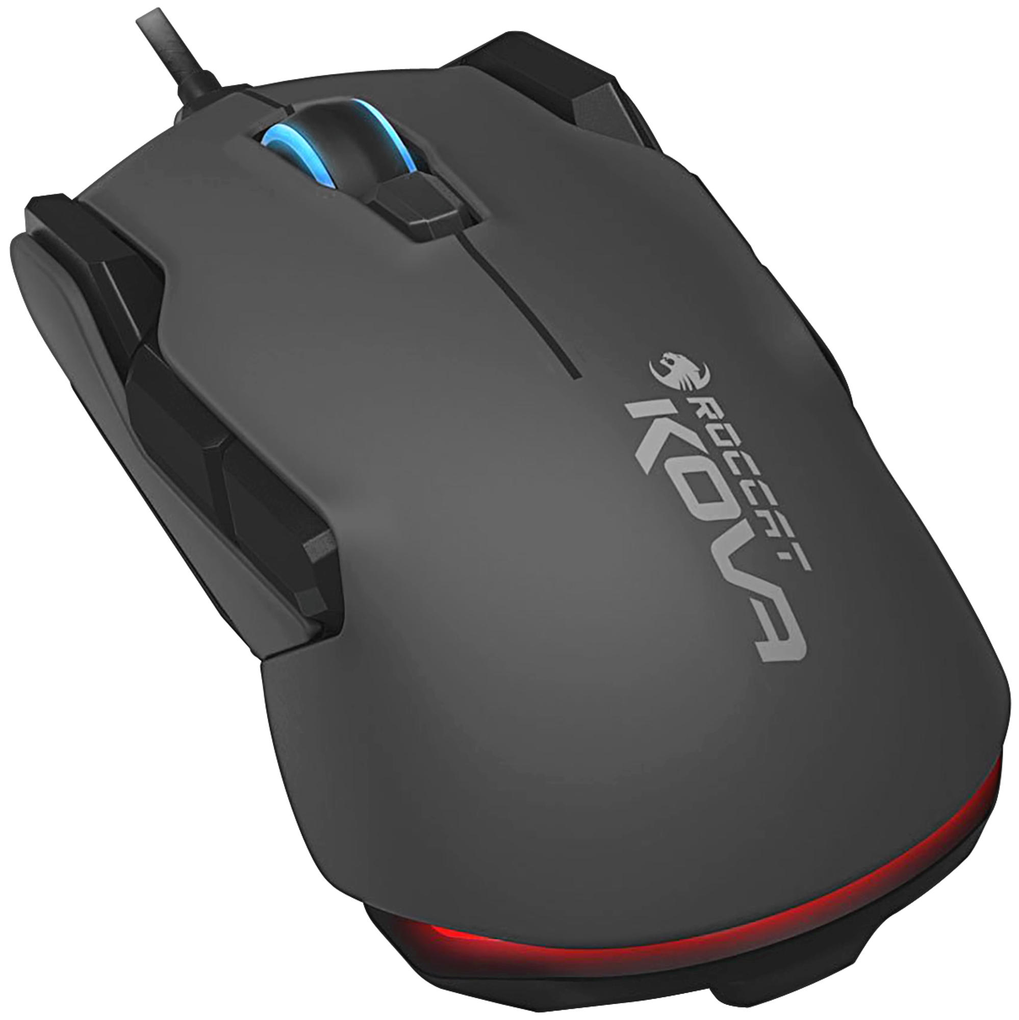 Schwarze Gaming-Maus. Sie hat ein blaues Licht und ein rotes Licht an der Unterseite.